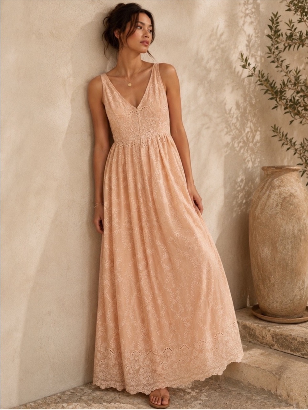Anthropologie Blue Tassel Peach Floral Embroidered Eyelet Maxi Dress
